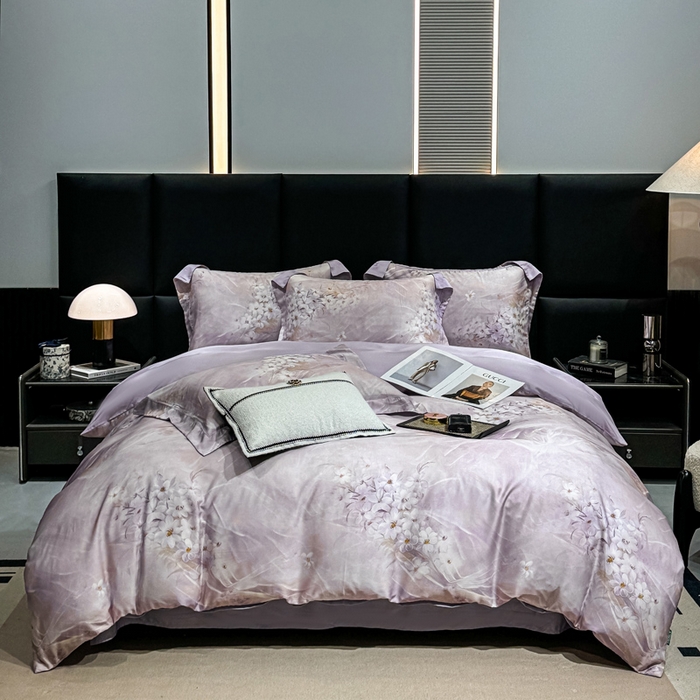 91家纺网 家纺一手货源 找家纺 红日子纺织品 2025新款亲肤舒适莱赛尔天丝四件套 江南烟雨-紫