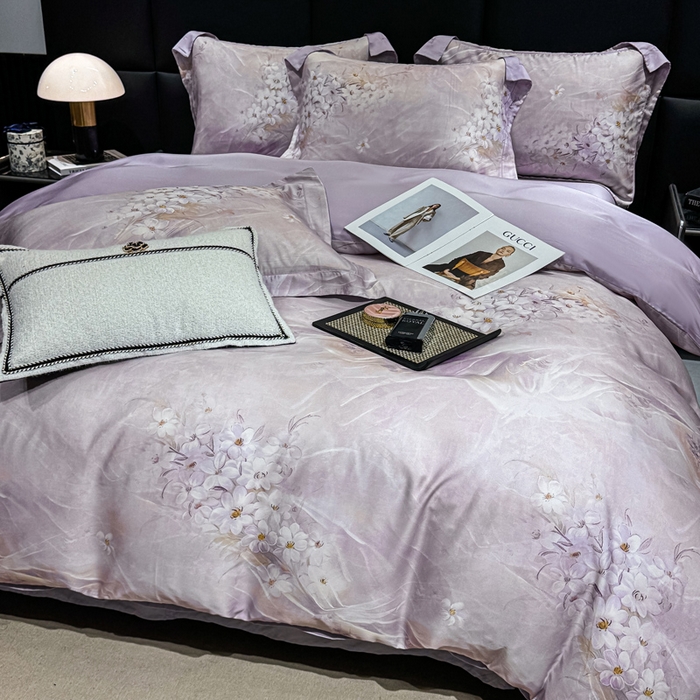 91家纺网 家纺一手货源 找家纺 红日子纺织品 2025新款亲肤舒适莱赛尔天丝四件套 江南烟雨-紫