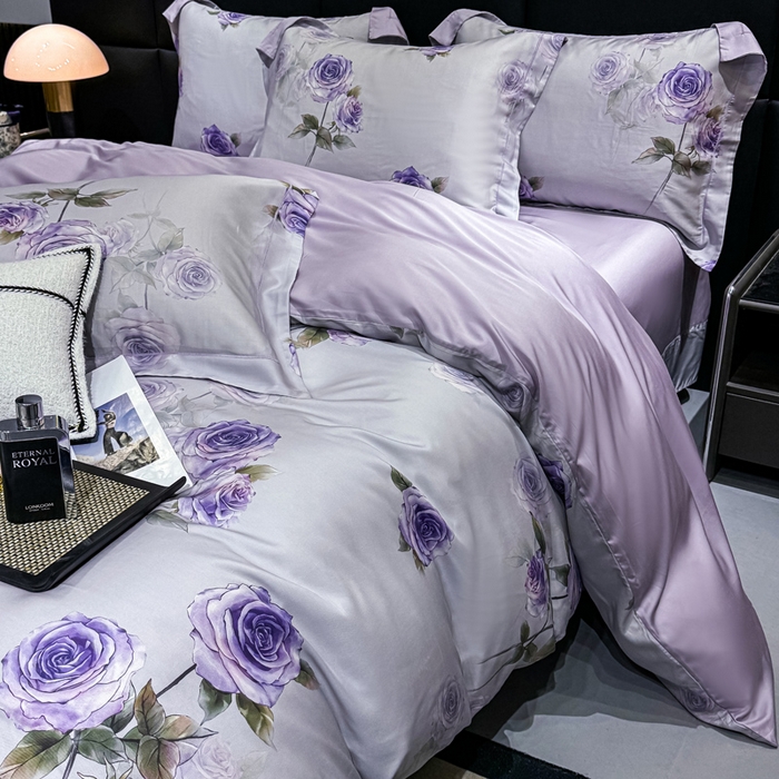 91家纺网 家纺一手货源 找家纺 红日子纺织品 2025新款亲肤舒适莱赛尔天丝四件套 玫瑰故事-兰