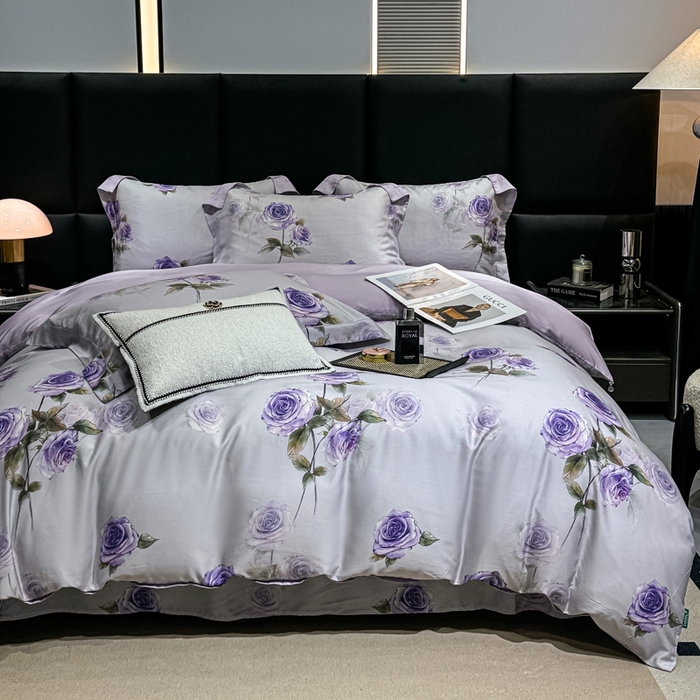 91家纺网 家纺一手货源 找家纺 红日子纺织品 2025新款亲肤舒适莱赛尔天丝四件套 玫瑰故事-兰