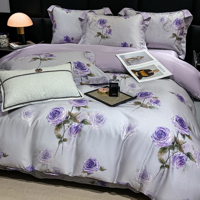 91家纺网 家纺一手货源 找家纺 红日子纺织品 2025新款亲肤舒适莱赛尔天丝四件套 玫瑰故事-兰