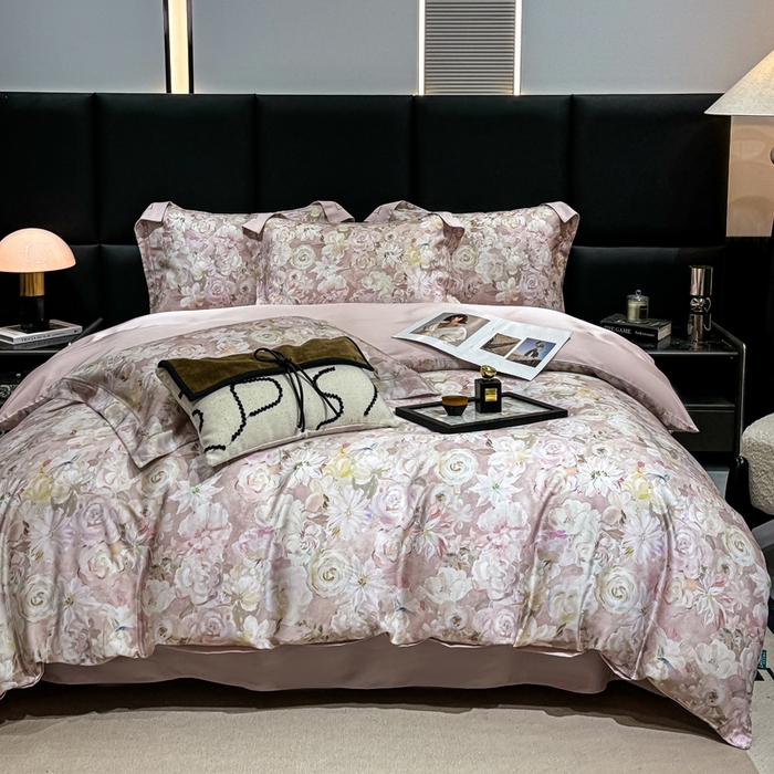 91家纺网 家纺一手货源 找家纺 红日子纺织品 2025新款亲肤舒适莱赛尔天丝四件套 陌上繁花-粉