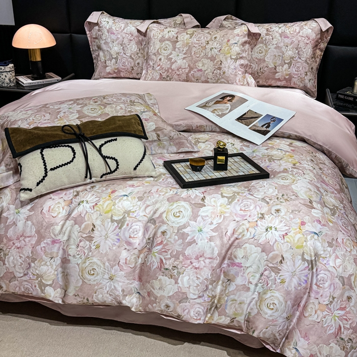 91家纺网 家纺一手货源 找家纺 红日子纺织品 2025新款亲肤舒适莱赛尔天丝四件套 陌上繁花-粉