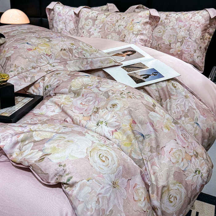 91家纺网 家纺一手货源 找家纺 红日子纺织品 2025新款亲肤舒适莱赛尔天丝四件套 陌上繁花-粉