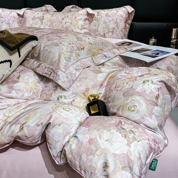 91家纺网 家纺一手货源 找家纺 红日子纺织品 2025新款亲肤舒适莱赛尔天丝四件套 陌上繁花-粉