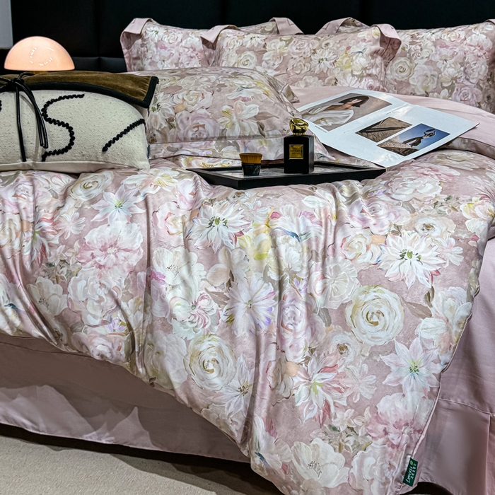 91家纺网 家纺一手货源 找家纺 红日子纺织品 2025新款亲肤舒适莱赛尔天丝四件套 陌上繁花-粉