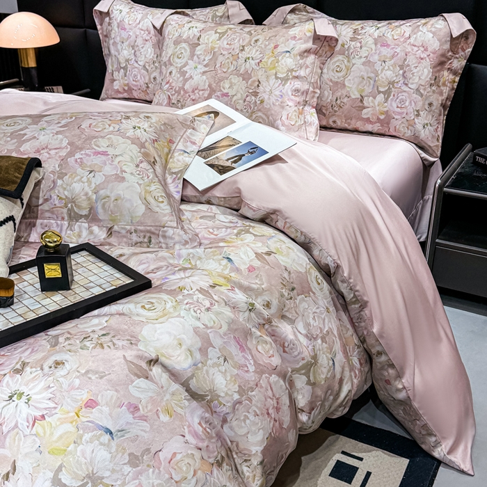 91家纺网 家纺一手货源 找家纺 红日子纺织品 2025新款亲肤舒适莱赛尔天丝四件套 陌上繁花-粉