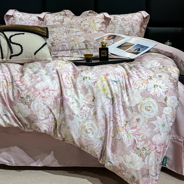 91家纺网 家纺一手货源 找家纺 红日子纺织品 2025新款亲肤舒适莱赛尔天丝四件套 陌上繁花-粉