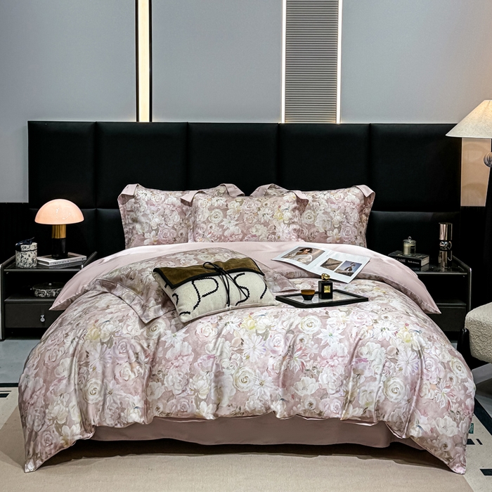 91家纺网 家纺一手货源 找家纺 红日子纺织品 2025新款亲肤舒适莱赛尔天丝四件套 陌上繁花-粉