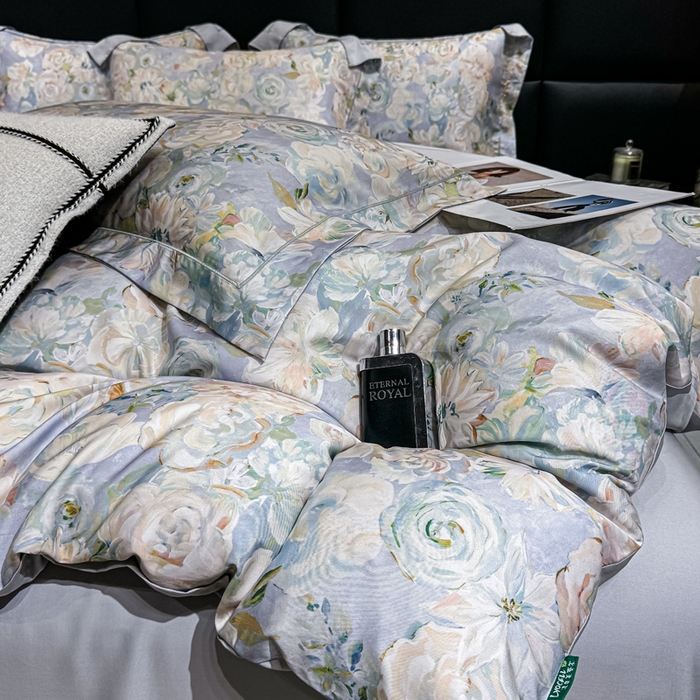 91家纺网 家纺一手货源 找家纺 红日子纺织品 2025新款亲肤舒适莱赛尔天丝四件套 陌上繁花-兰