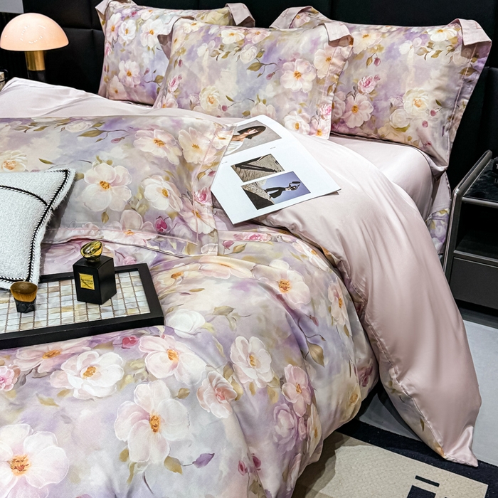 91家纺网 家纺一手货源 找家纺 红日子纺织品 2025新款亲肤舒适莱赛尔天丝四件套 烟雨蒙蒙-粉