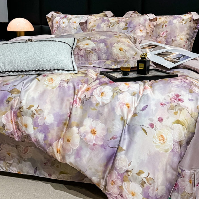 91家纺网 家纺一手货源 找家纺 红日子纺织品 2025新款亲肤舒适莱赛尔天丝四件套 烟雨蒙蒙-粉