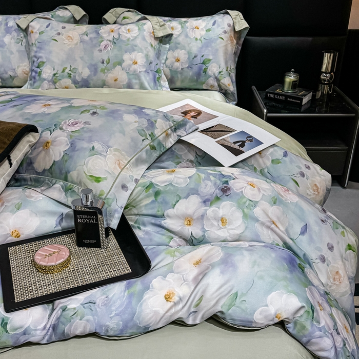 91家纺网 家纺一手货源 找家纺 红日子纺织品 2025新款亲肤舒适莱赛尔天丝四件套 烟雨蒙蒙-绿