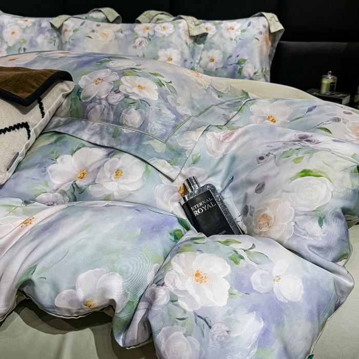 91家纺网 家纺一手货源 找家纺 红日子纺织品 2025新款亲肤舒适莱赛尔天丝四件套 烟雨蒙蒙-绿