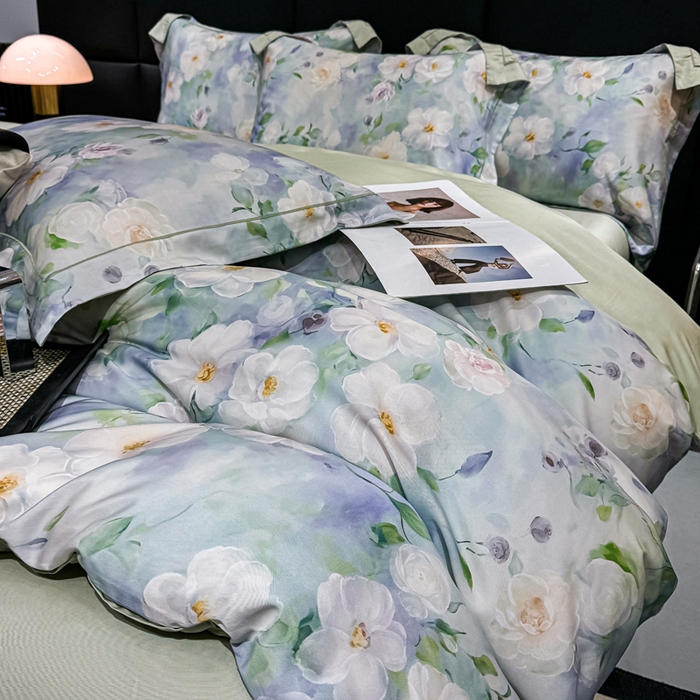 91家纺网 家纺一手货源 找家纺 红日子纺织品 2025新款亲肤舒适莱赛尔天丝四件套 烟雨蒙蒙-绿