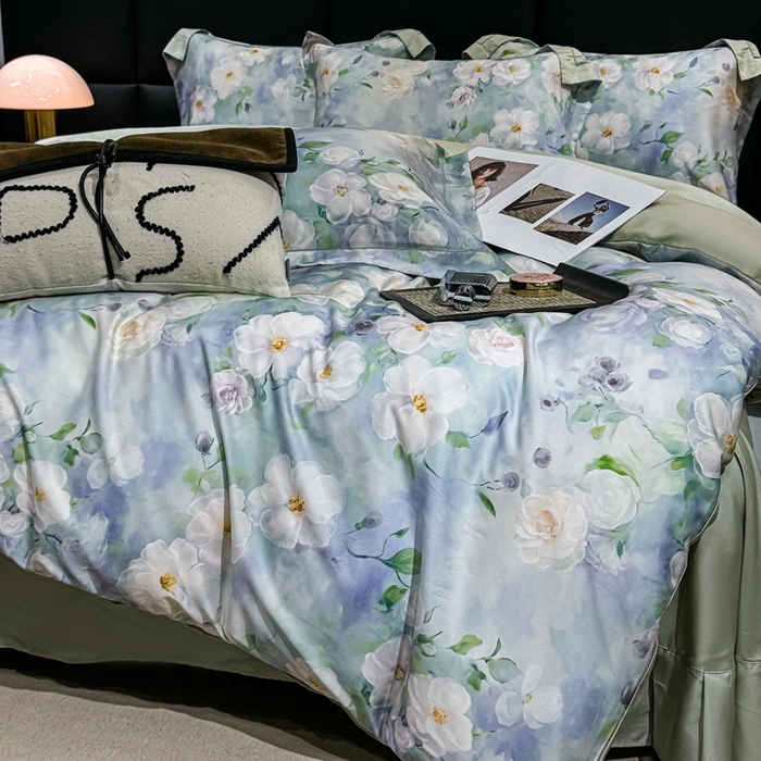 91家纺网 家纺一手货源 找家纺 红日子纺织品 2025新款亲肤舒适莱赛尔天丝四件套 烟雨蒙蒙-绿