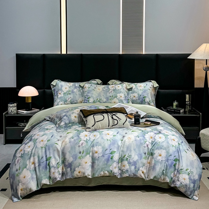 91家纺网 家纺一手货源 找家纺 红日子纺织品 2025新款亲肤舒适莱赛尔天丝四件套 烟雨蒙蒙-绿