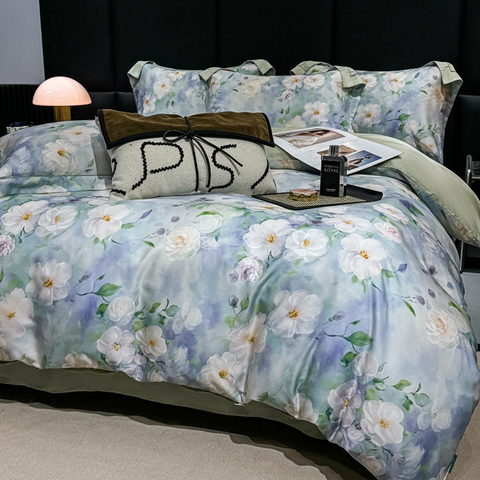 91家纺网 家纺一手货源 找家纺 红日子纺织品 2025新款亲肤舒适莱赛尔天丝四件套 烟雨蒙蒙-绿