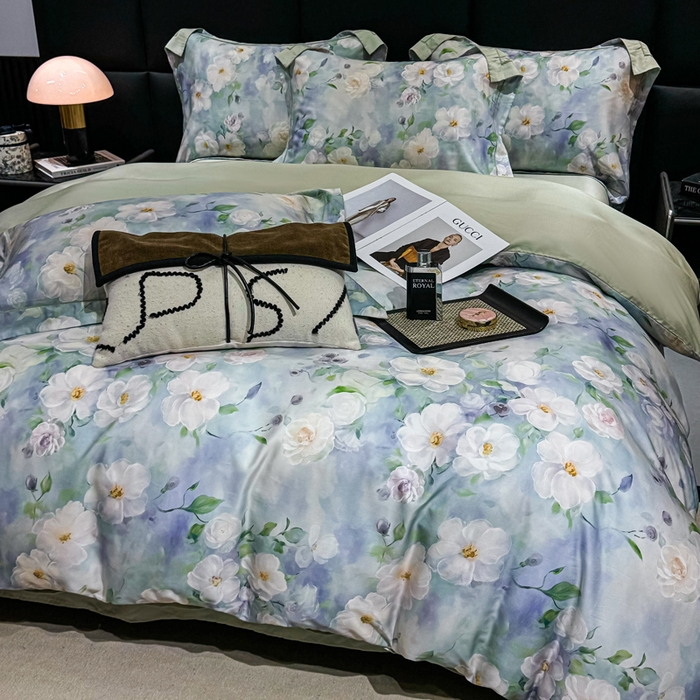 91家纺网 家纺一手货源 找家纺 红日子纺织品 2025新款亲肤舒适莱赛尔天丝四件套 烟雨蒙蒙-绿