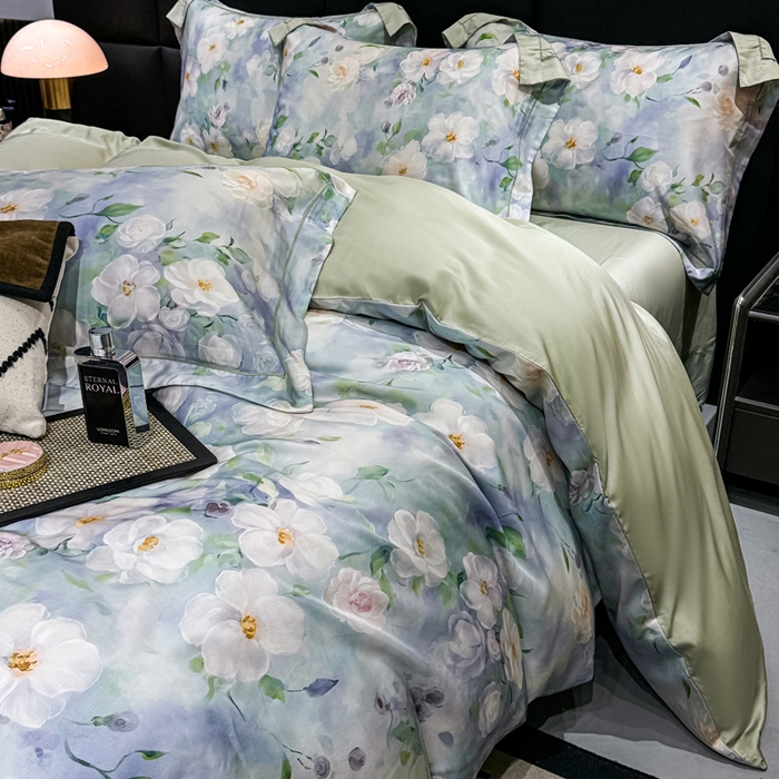 91家纺网 家纺一手货源 找家纺 红日子纺织品 2025新款亲肤舒适莱赛尔天丝四件套 烟雨蒙蒙-绿