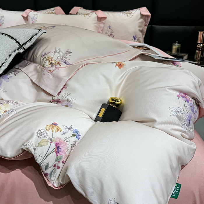 91家纺网 家纺一手货源 找家纺 红日子纺织品 2025新款亲肤舒适莱赛尔天丝四件套 长浅薇-粉