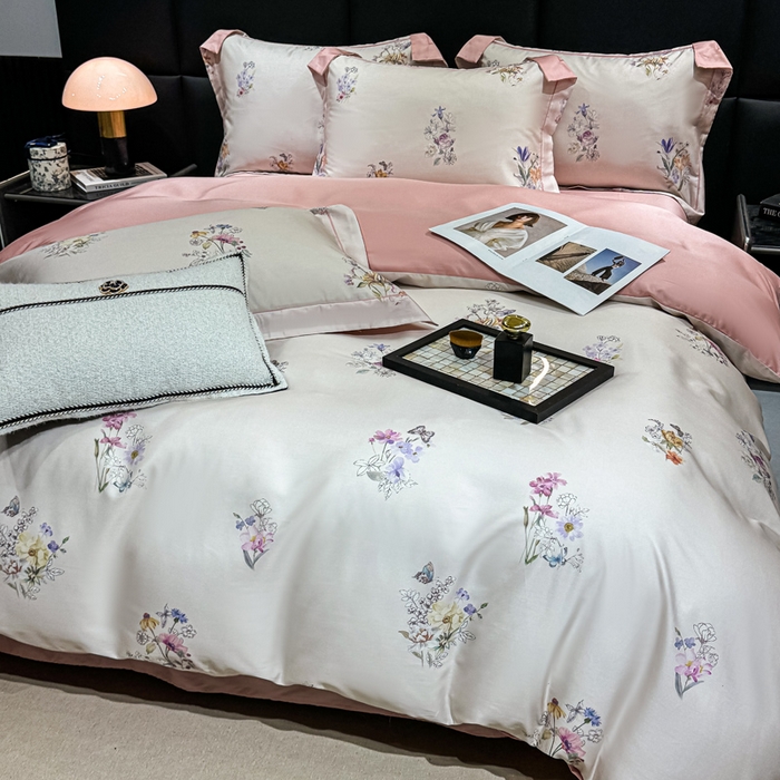 91家纺网 家纺一手货源 找家纺 红日子纺织品 2025新款亲肤舒适莱赛尔天丝四件套 长浅薇-粉