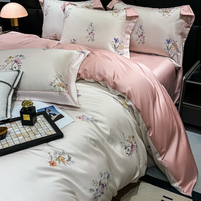 91家纺网 家纺一手货源 找家纺 红日子纺织品 2025新款亲肤舒适莱赛尔天丝四件套 长浅薇-粉