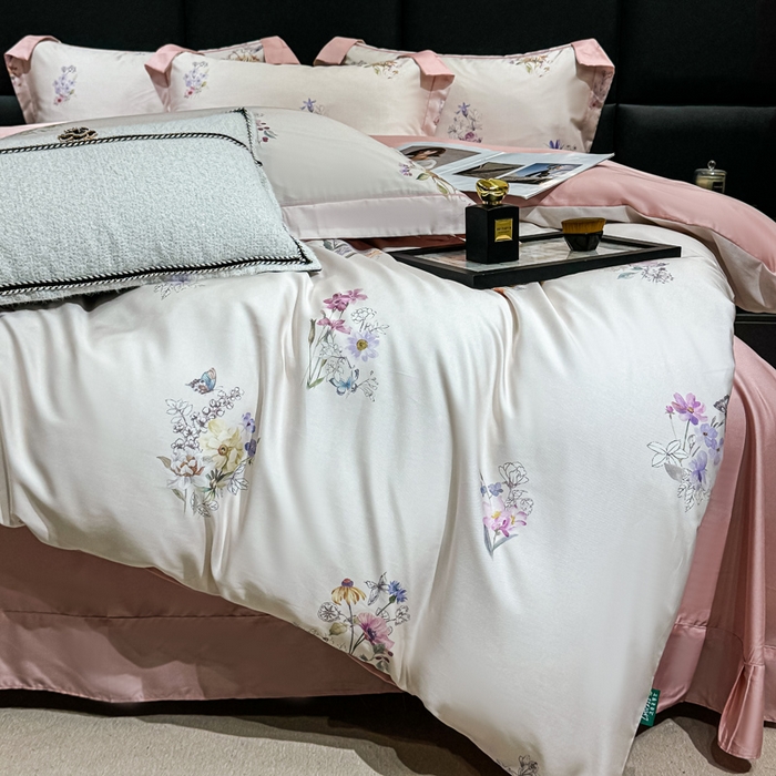 91家纺网 家纺一手货源 找家纺 红日子纺织品 2025新款亲肤舒适莱赛尔天丝四件套 长浅薇-粉