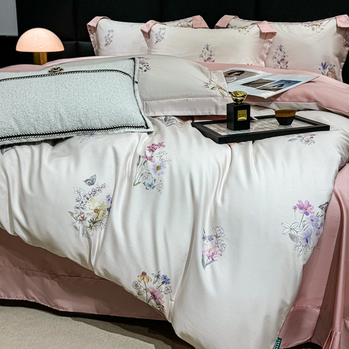 91家纺网 家纺一手货源 找家纺 红日子纺织品 2025新款亲肤舒适莱赛尔天丝四件套 长浅薇-粉