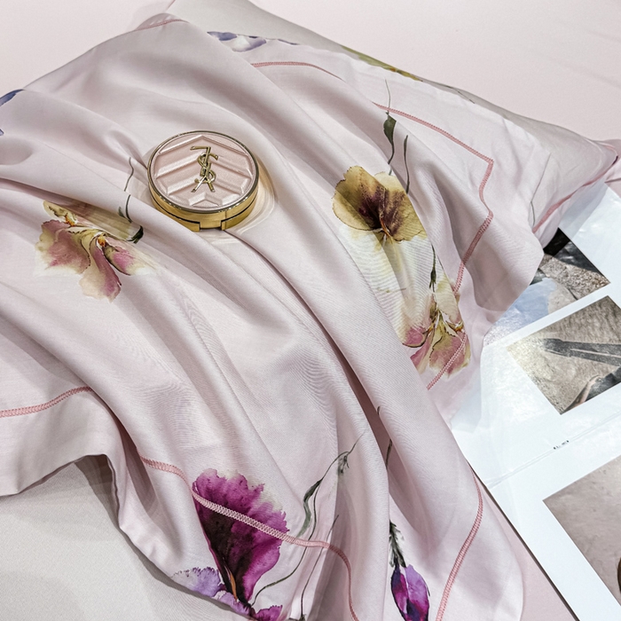 91家纺网 家纺一手货源 找家纺 红日子纺织品 2025新款亲肤舒适莱赛尔天丝四件套 栀子花开-粉