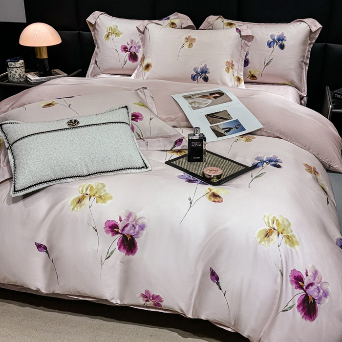 91家纺网 家纺一手货源 找家纺 红日子纺织品 2025新款亲肤舒适莱赛尔天丝四件套 栀子花开-粉