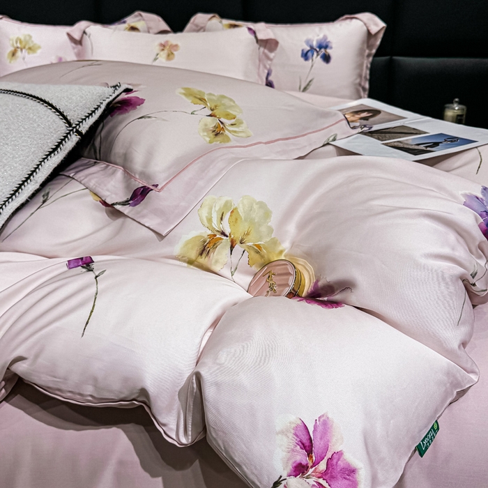 91家纺网 家纺一手货源 找家纺 红日子纺织品 2025新款亲肤舒适莱赛尔天丝四件套 栀子花开-粉