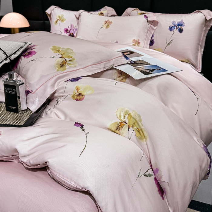 91家纺网 家纺一手货源 找家纺 红日子纺织品 2025新款亲肤舒适莱赛尔天丝四件套 栀子花开-粉