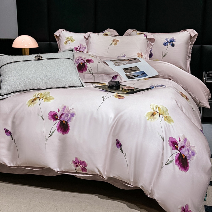 91家纺网 家纺一手货源 找家纺 红日子纺织品 2025新款亲肤舒适莱赛尔天丝四件套 栀子花开-粉