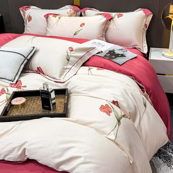 91家纺网 家纺一手货源 找家纺 红日子纺织品 2025新款60s长绒棉纯棉贡缎印花四件套 春暖-红