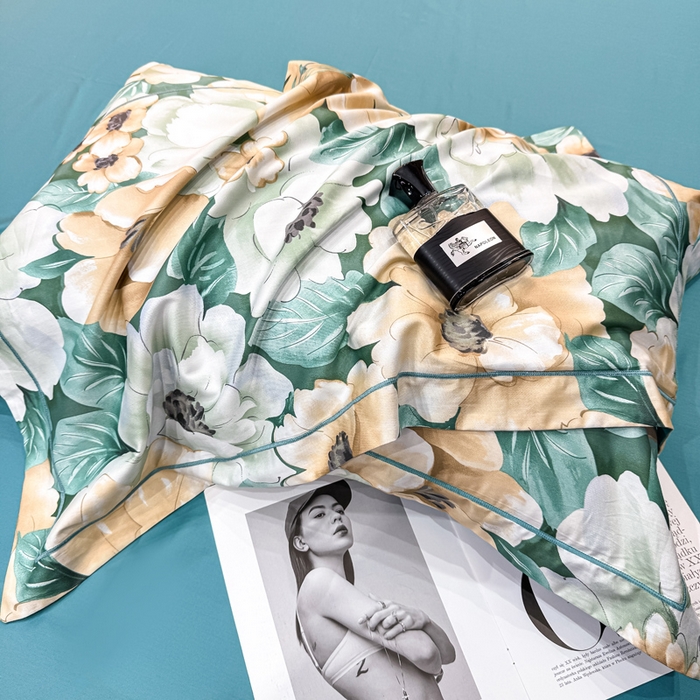 91家纺网 家纺一手货源 找家纺 红日子纺织品 2025新款60s长绒棉纯棉贡缎印花四件套 花开半夏