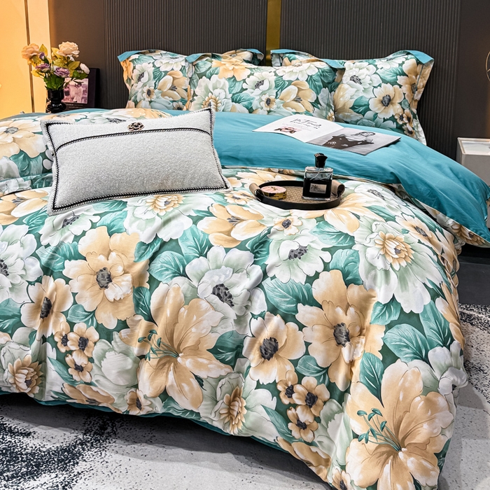 91家纺网 家纺一手货源 找家纺 红日子纺织品 2025新款60s长绒棉纯棉贡缎印花四件套 花开半夏