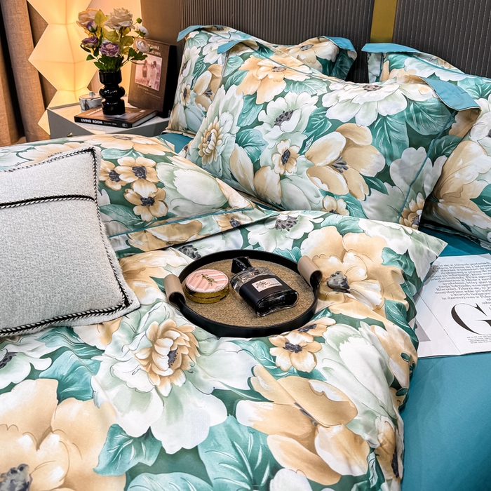 91家纺网 家纺一手货源 找家纺 红日子纺织品 2025新款60s长绒棉纯棉贡缎印花四件套 花开半夏