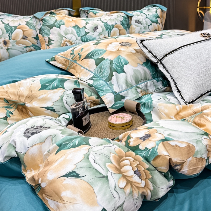 91家纺网 家纺一手货源 找家纺 红日子纺织品 2025新款60s长绒棉纯棉贡缎印花四件套 花开半夏