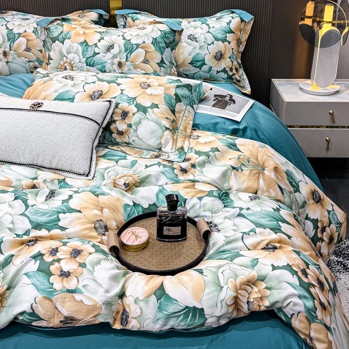 91家纺网 家纺一手货源 找家纺 红日子纺织品 2025新款60s长绒棉纯棉贡缎印花四件套 花开半夏