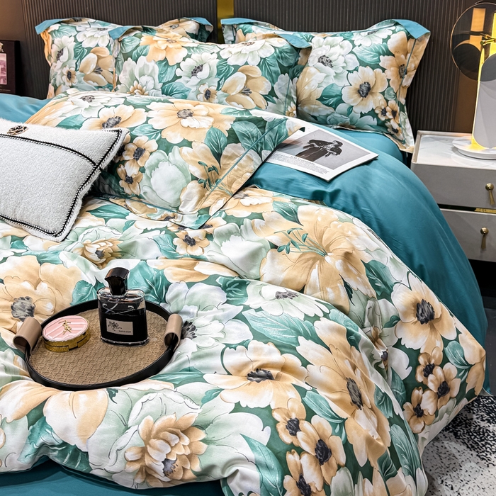 91家纺网 家纺一手货源 找家纺 红日子纺织品 2025新款60s长绒棉纯棉贡缎印花四件套 花开半夏