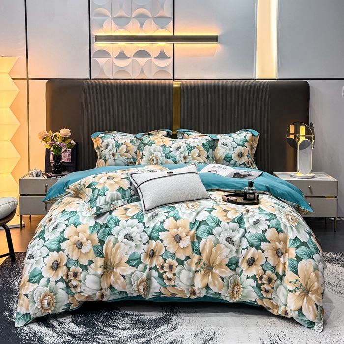 91家纺网 家纺一手货源 找家纺 红日子纺织品 2025新款60s长绒棉纯棉贡缎印花四件套 花开半夏