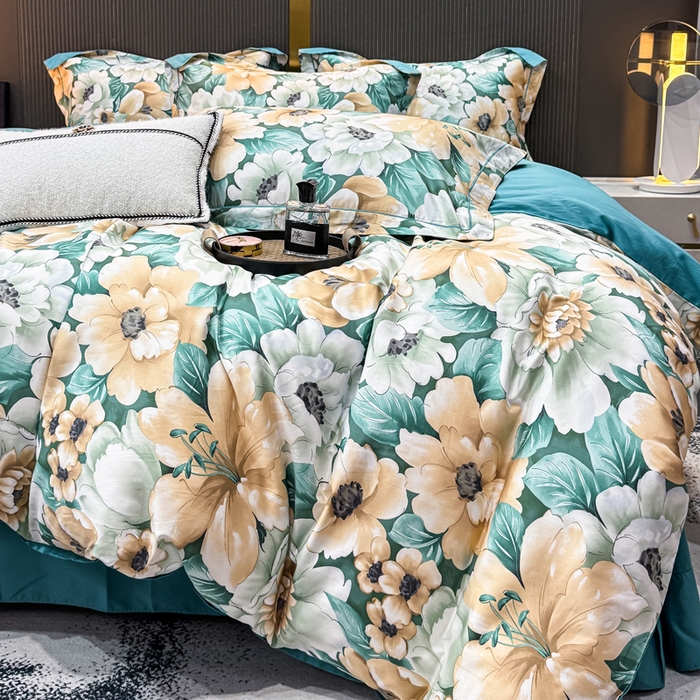 91家纺网 家纺一手货源 找家纺 红日子纺织品 2025新款60s长绒棉纯棉贡缎印花四件套 花开半夏