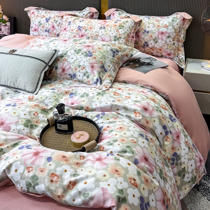 91家纺网 家纺一手货源 找家纺 红日子纺织品 2025新款60s长绒棉纯棉贡缎印花四件套 花雨涧