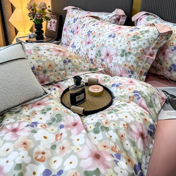 91家纺网 家纺一手货源 找家纺 红日子纺织品 2025新款60s长绒棉纯棉贡缎印花四件套 花雨涧