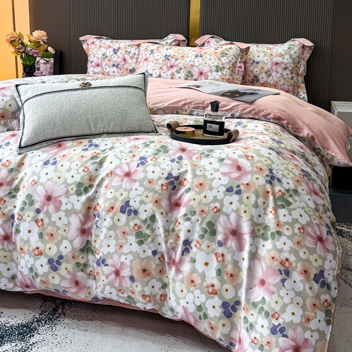 91家纺网 家纺一手货源 找家纺 红日子纺织品 2025新款60s长绒棉纯棉贡缎印花四件套 花雨涧