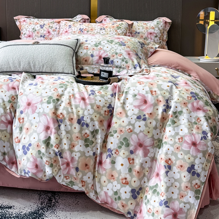 91家纺网 家纺一手货源 找家纺 红日子纺织品 2025新款60s长绒棉纯棉贡缎印花四件套 花雨涧