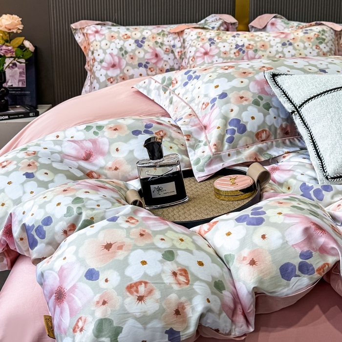 91家纺网 家纺一手货源 找家纺 红日子纺织品 2025新款60s长绒棉纯棉贡缎印花四件套 花雨涧