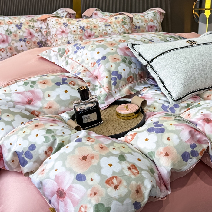 91家纺网 家纺一手货源 找家纺 红日子纺织品 2025新款60s长绒棉纯棉贡缎印花四件套 花雨涧