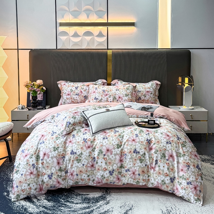 91家纺网 家纺一手货源 找家纺 红日子纺织品 2025新款60s长绒棉纯棉贡缎印花四件套 花雨涧